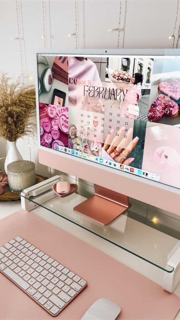 Aesthetic pink-themed desktop setup with February calendar and Valentine's decor on screen.