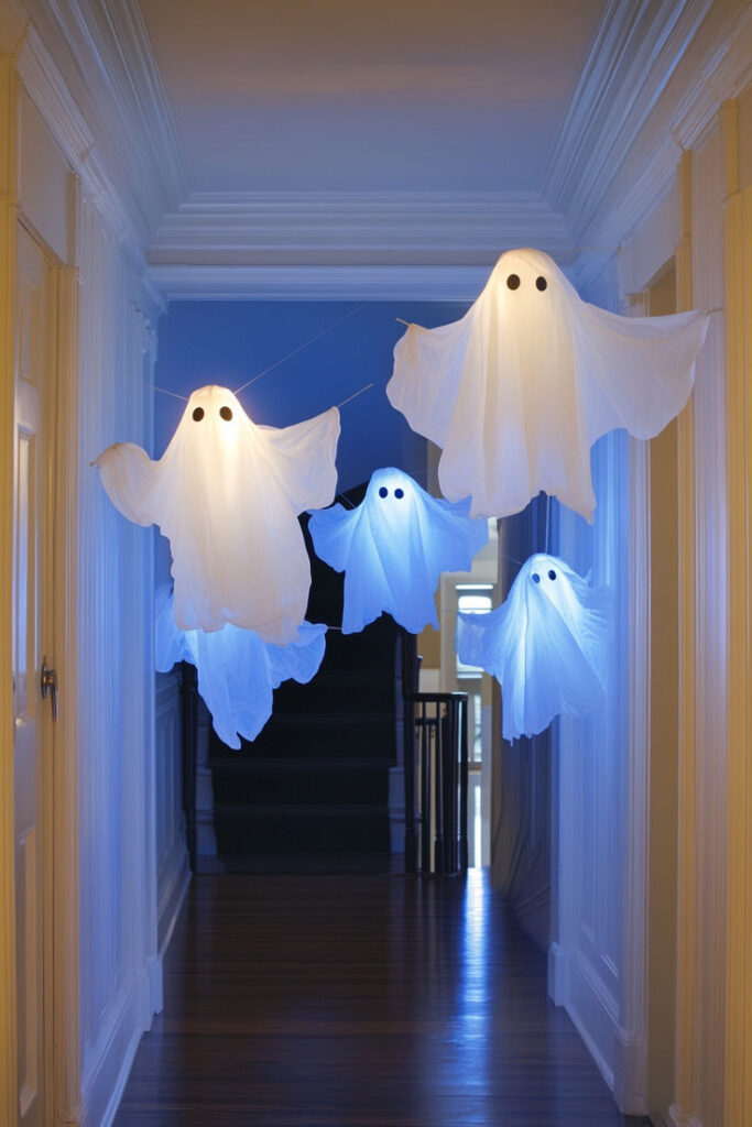 Floating ghost decorations in a dimly lit hallway, perfect for a spooky Halloween atmosphere.