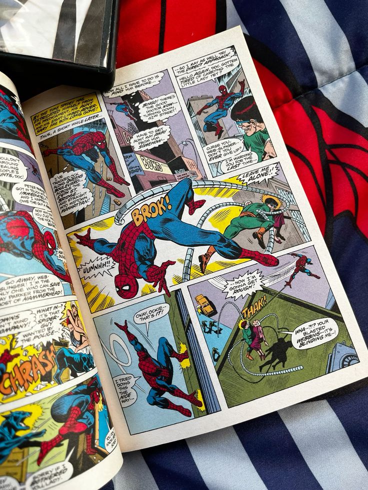 Comic book image showing Spider-Man in action scenes, engaging with a villain amidst dialogue and onomatopoeia.