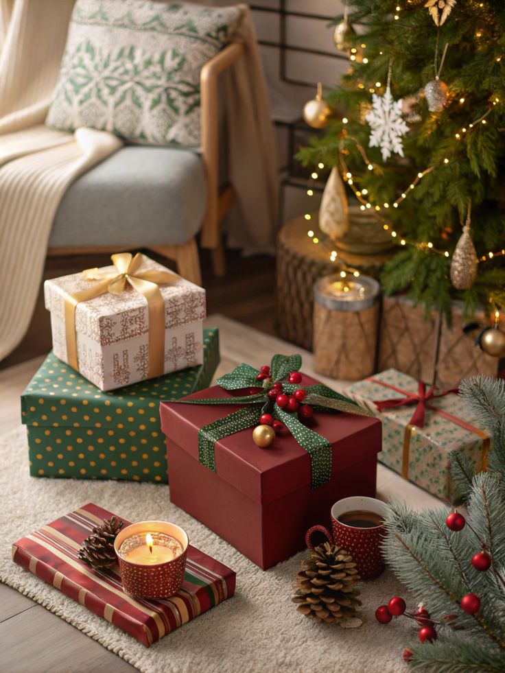 иеукп Cozy Christmas scene with gifts, a lit candle, pinecones, and festive decorations under a Christmas tree. | Sky Rye Design Cozy Christmas scene with gifts, a lit candle, pinecones, and festive decorations under a Christmas tree.