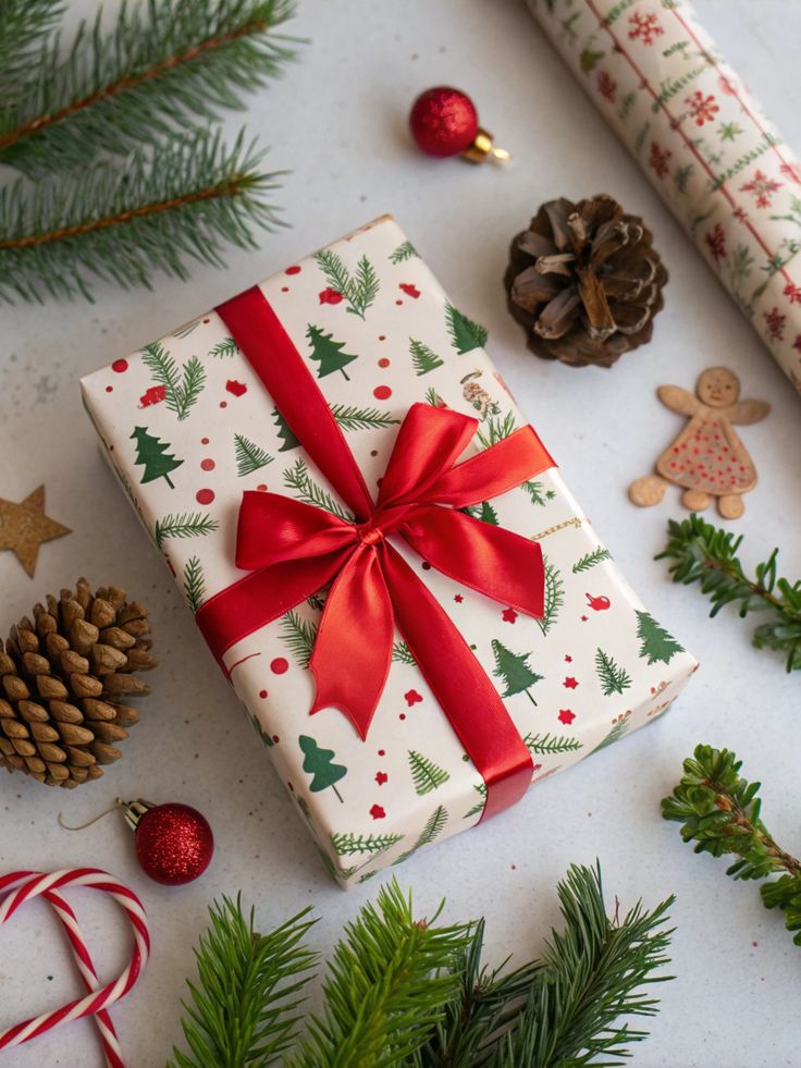 ппкупукукп Festive Christmas gift with red ribbon surrounded by pine cones, candy canes, and holiday ornaments on a table. | Sky Rye Design Festive Christmas gift with red ribbon surrounded by pine cones, candy canes, and holiday ornaments on a table.