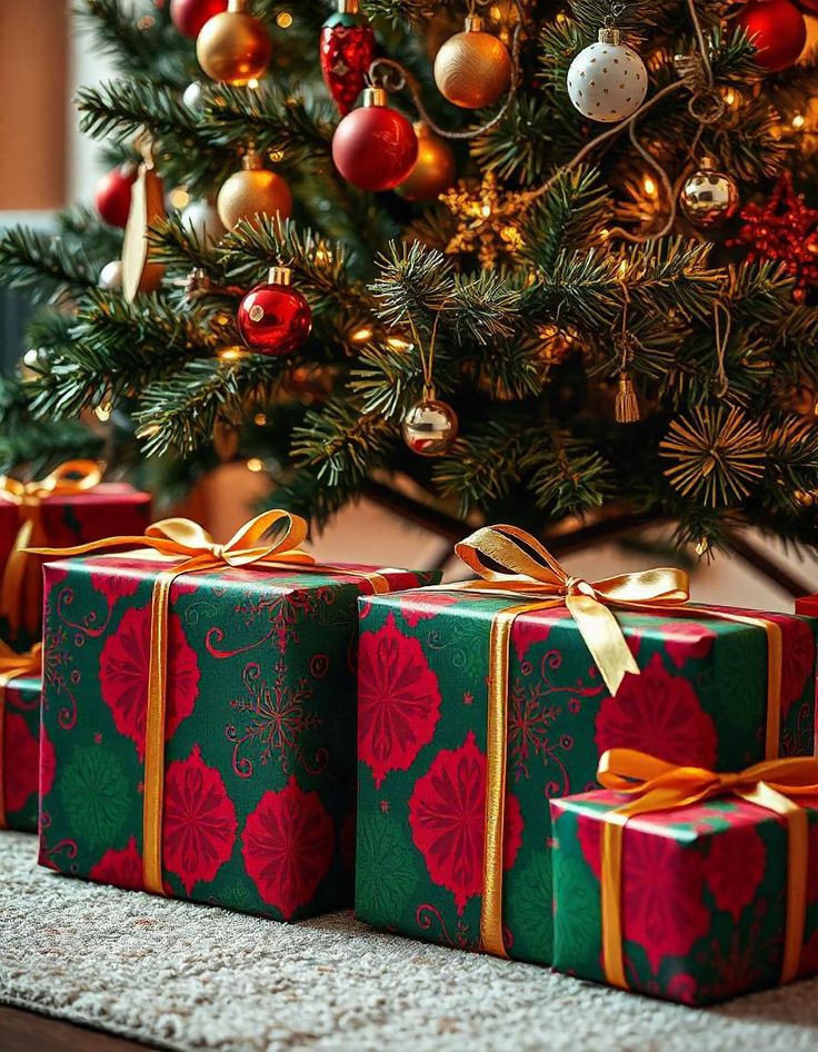 укпи Christmas gifts under a decorated tree with red and gold ornaments and flowers. | Sky Rye Design Christmas gifts under a decorated tree with red and gold ornaments and flowers.