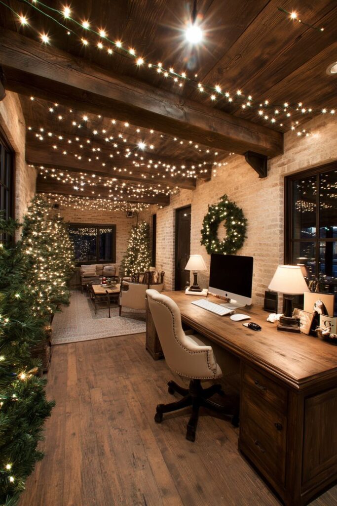 укпцк Cozy holiday-themed office with wooden desk, festive lights, and Christmas decorations. | Sky Rye Design Cozy holiday-themed office with wooden desk, festive lights, and Christmas decorations.