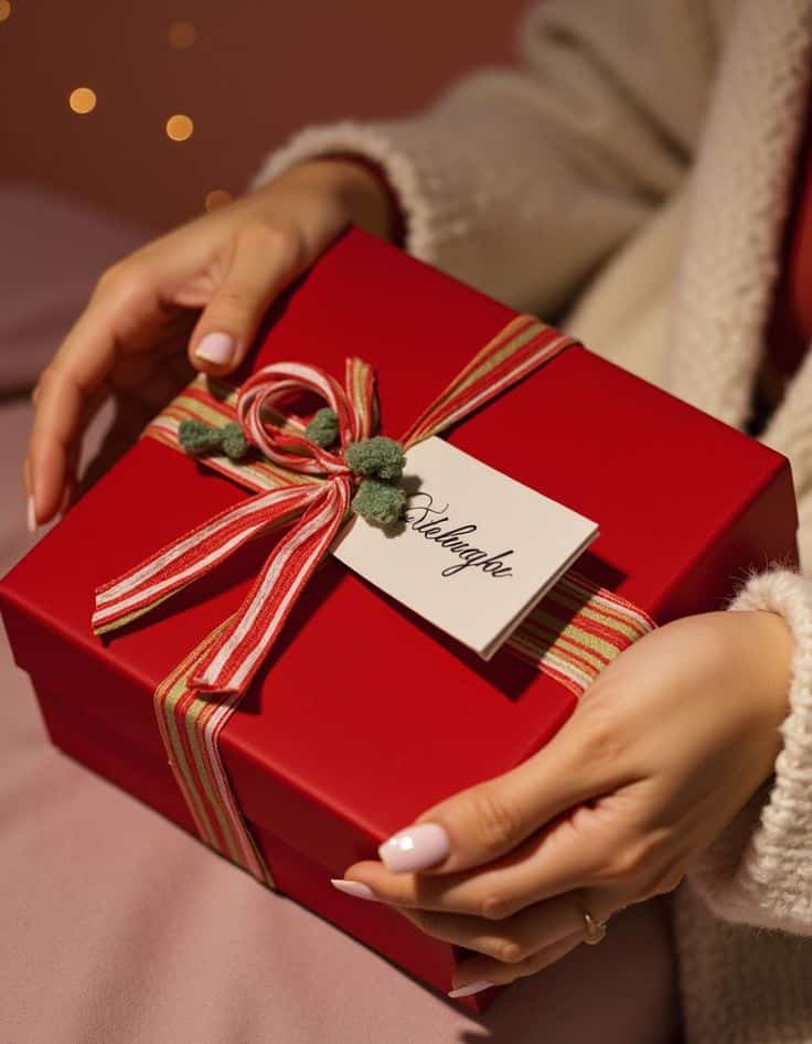 упаковка подарков новый год Woman holding a red gift box with striped ribbon and handwritten tag, ideal for festive and holiday packaging concepts. | Sky Rye Design Woman holding a red gift box with striped ribbon and handwritten tag, ideal for festive and holiday packaging concepts.