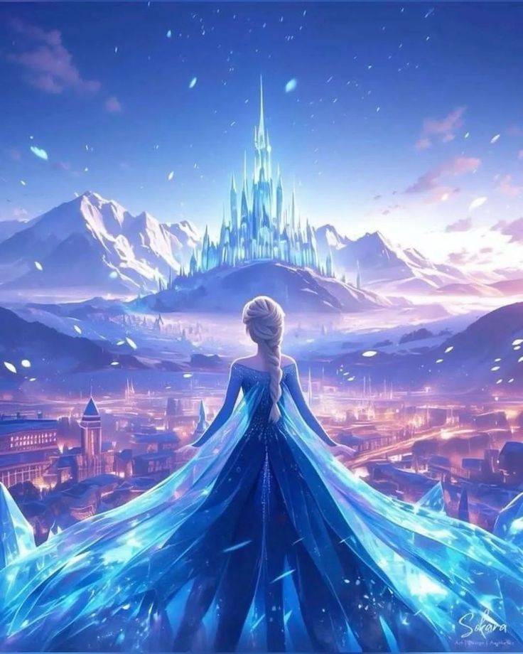 Fantasy figure in blue dress facing an ice castle, surrounded by a magical winter landscape with mountains.