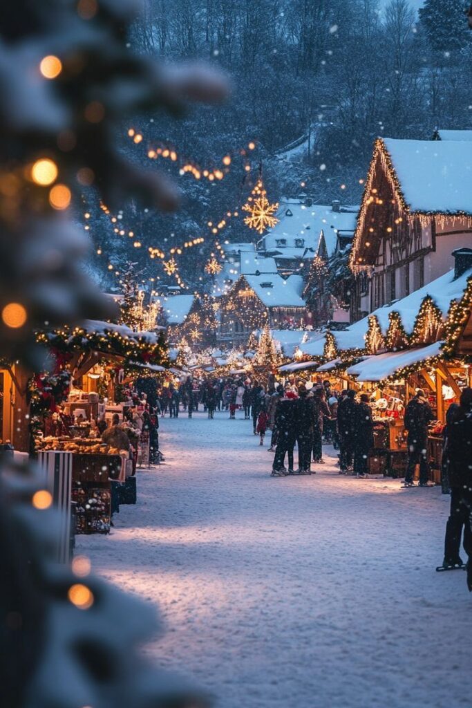 Festive European Christmas market scene with snow, twinkling lights, and wooden stalls under a wintery evening sky.