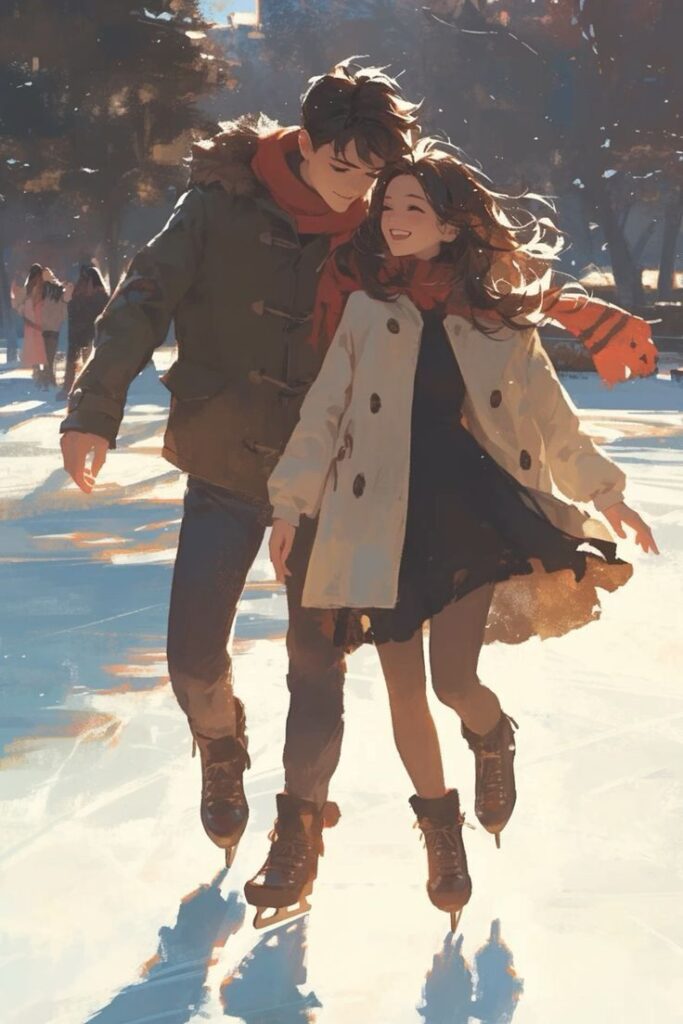 Couple ice skating joyfully on a sunny winter day, wrapped in coats and scarves, surrounded by trees.