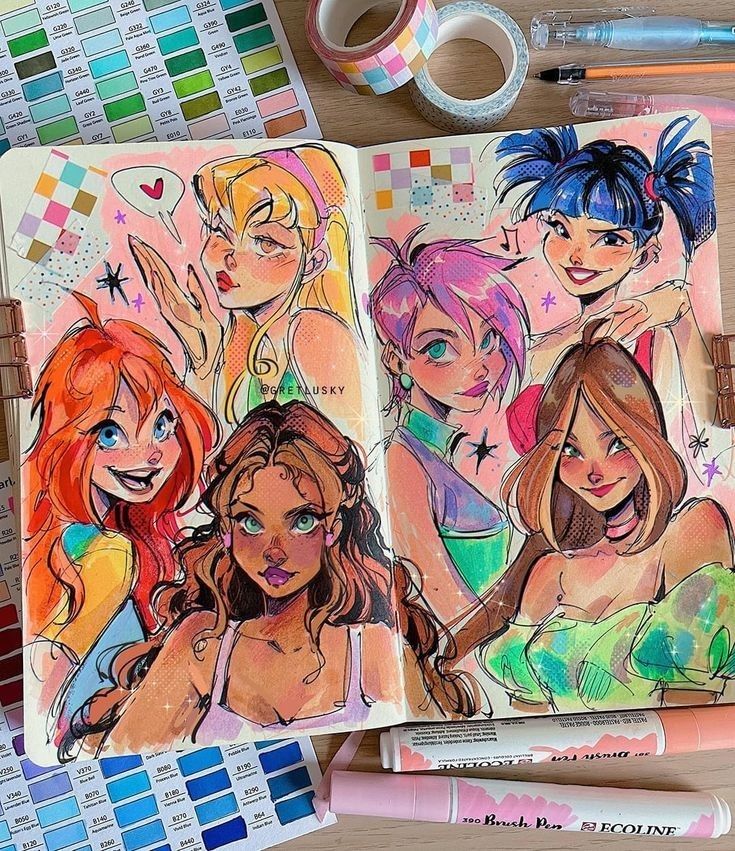 Colorful sketchbook pages filled with vibrant character illustrations, surrounded by art supplies and color swatches.