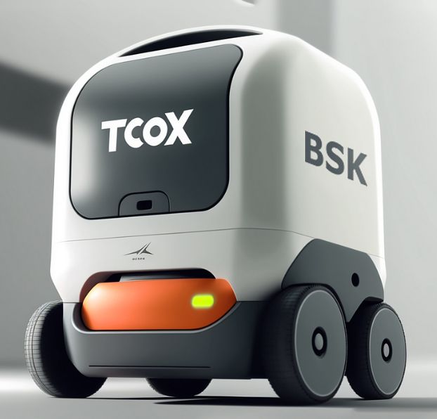 Innovative delivery robot with TCOX and BSK logos, featuring a compact design and wheels for autonomous navigation.