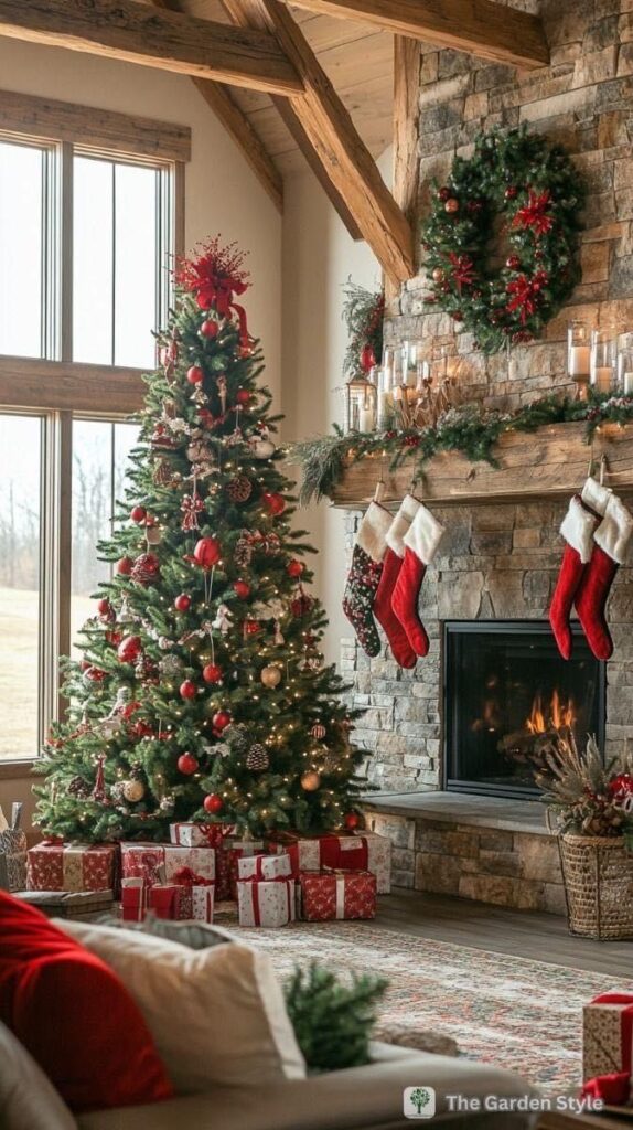 Cozy living room with a decorated Christmas tree, stockings, and gifts by a stone fireplace. Holiday ambiance and decor.