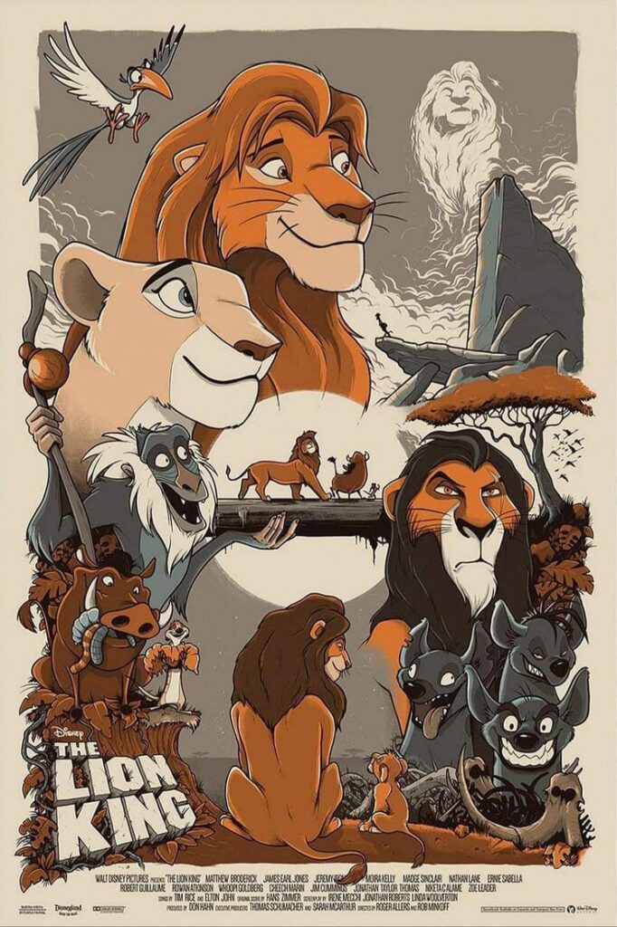 Illustrated The Lion King poster featuring main characters and iconic scenes.