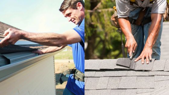 Two workers repairing shingles and installing roof materials.