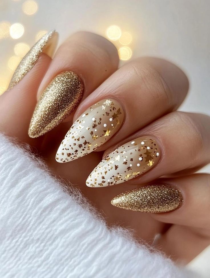 Gold and white glitter stiletto nails, perfect for a festive or holiday look, shining with elegance and style.