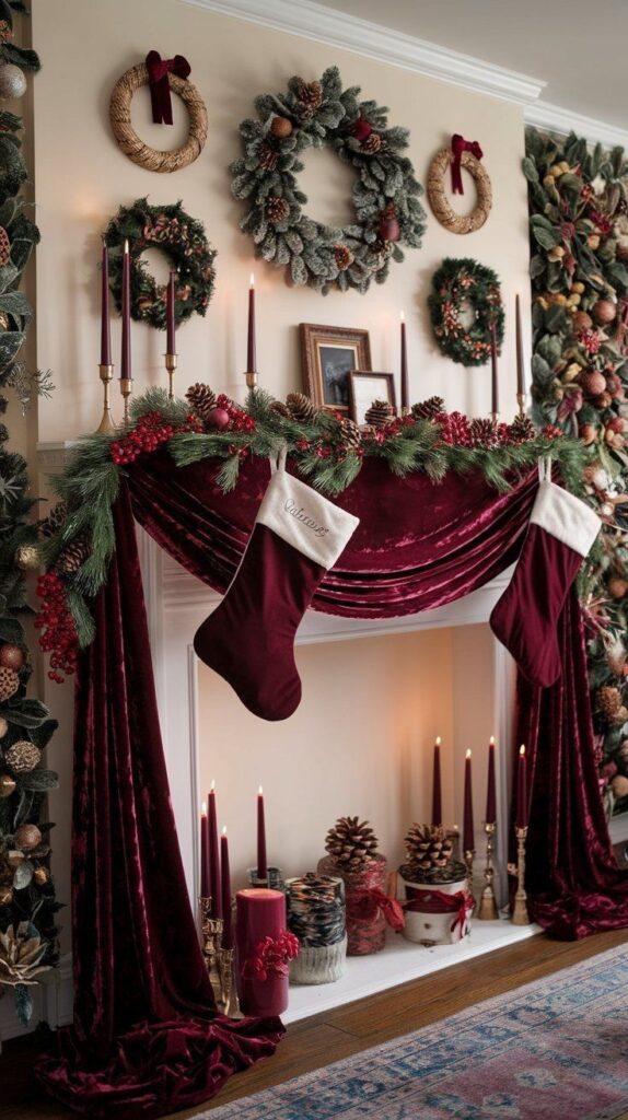 Elegant Christmas mantel with burgundy stockings, wreaths, and candles, adorned with festive greenery and pine cones.