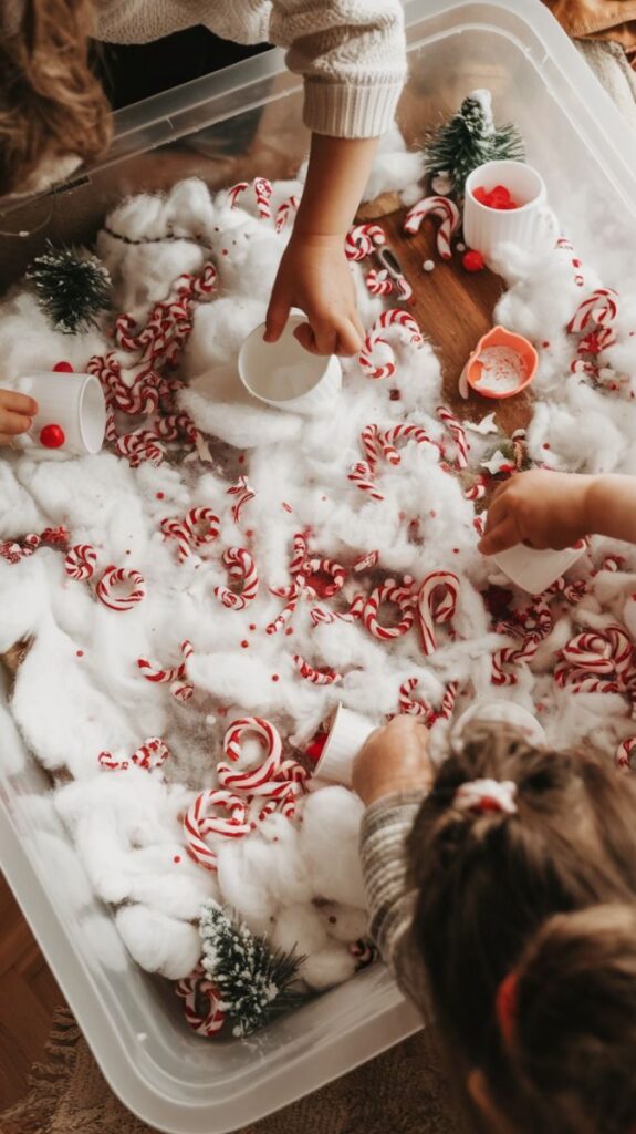 Children playing with Christmas sensory bin filled with cotton, candy canes, and small decorations.