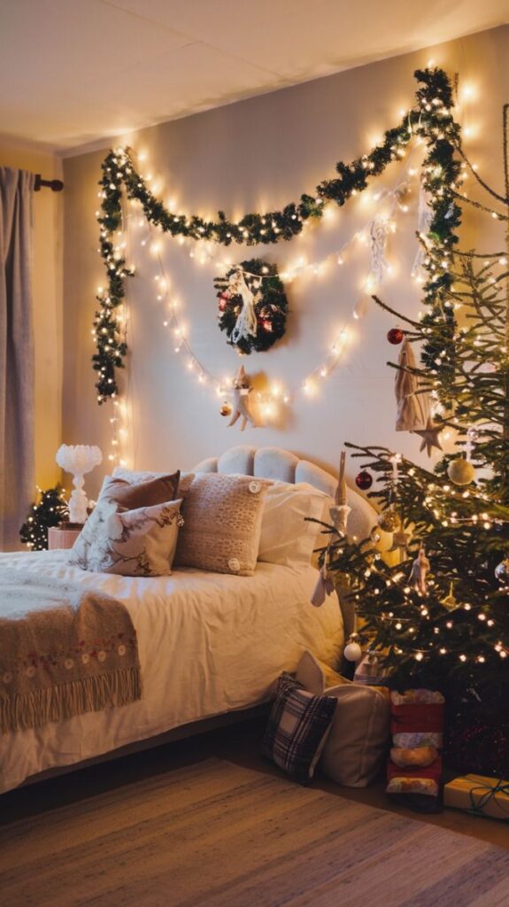 Cozy Christmas bedroom with festive lights, decorated tree, and garland for a warm holiday ambiance.