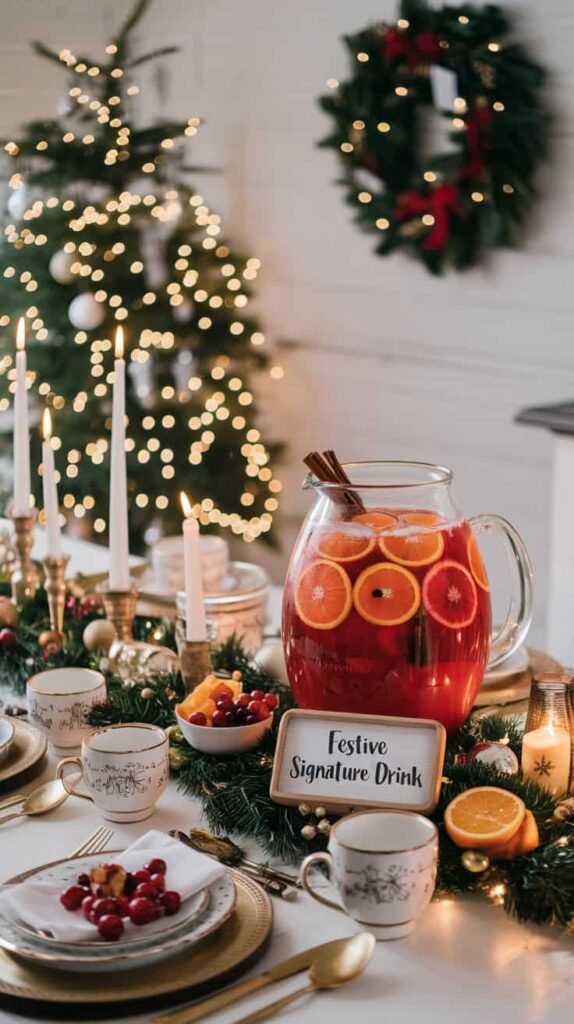 Festive holiday table with a signature drink, candles, and Christmas decor for a cozy seasonal celebration.