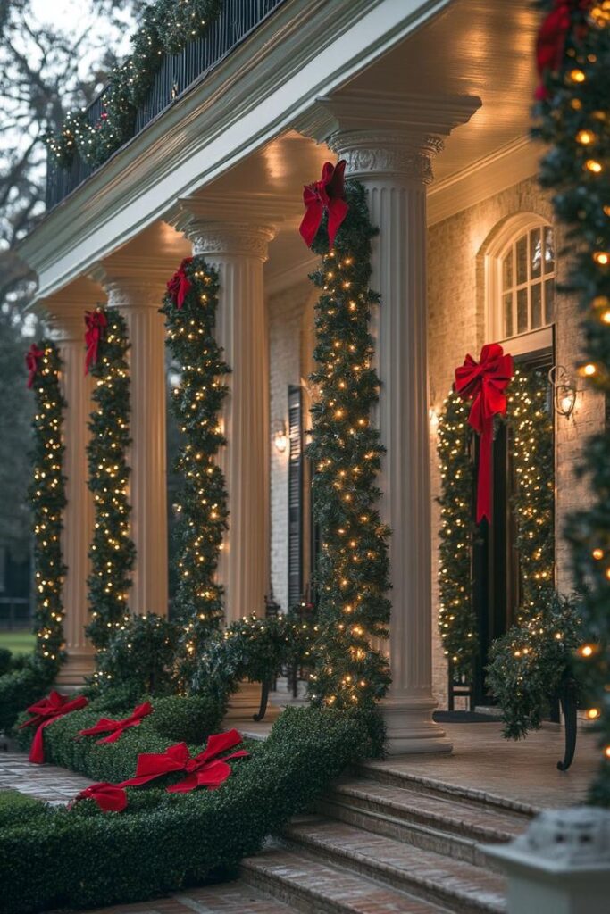 Festive holiday porch with garlands, red bows, and lights on columns for Christmas decoration.