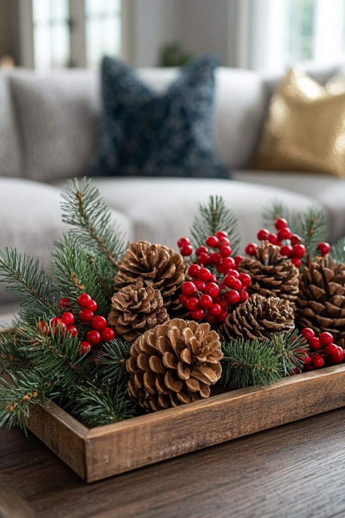 Festive holiday centerpiece with pinecones, red berries, and greenery in a wooden tray on a cozy living room table.