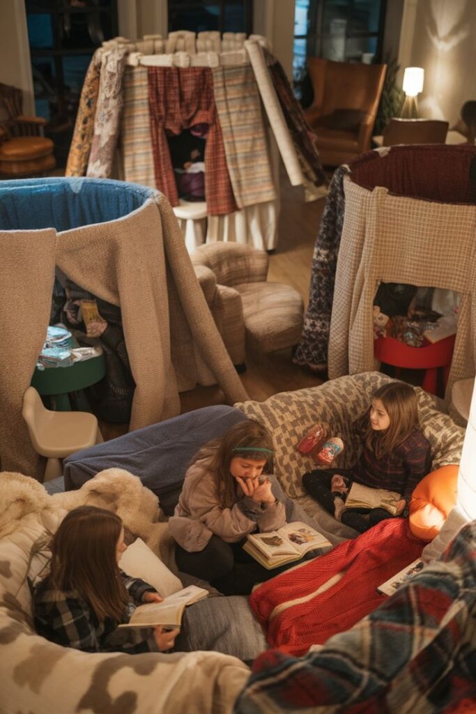 Children reading inside a cozy blanket fort, surrounded by pillows and warm lighting.