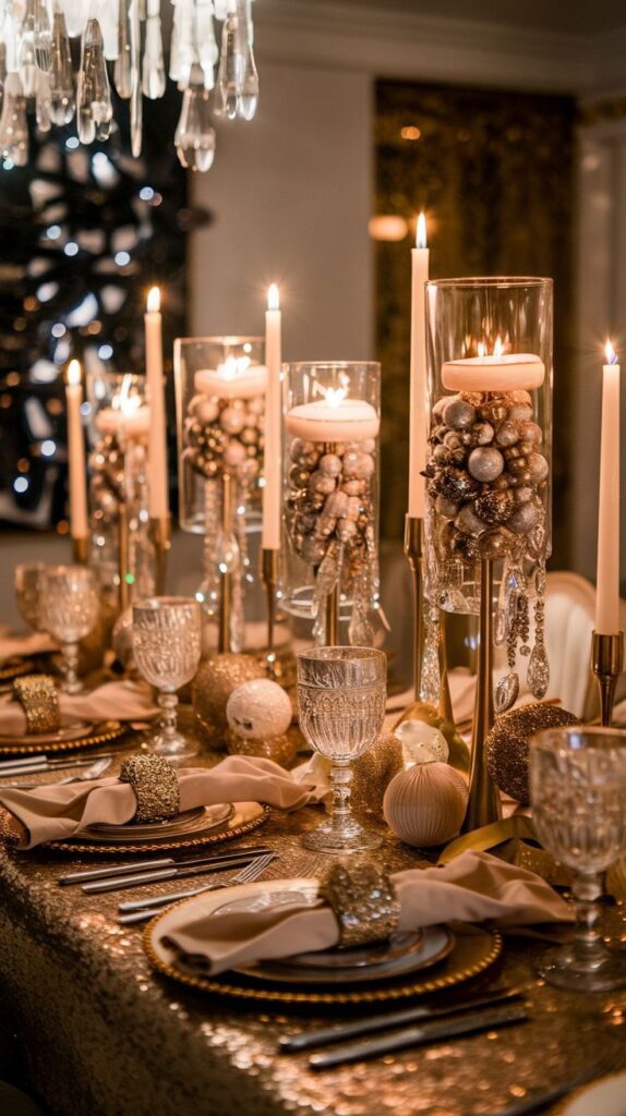 Elegant holiday dinner table with gold decor, tall candles, crystal glassware, and sparkling ornaments.