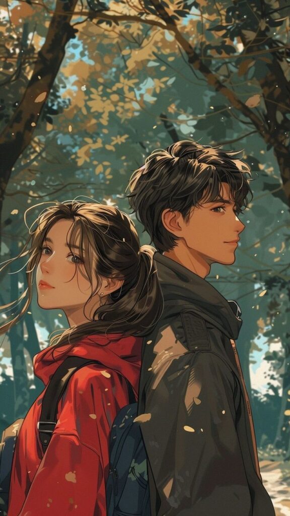 Anime couple stands back-to-back in a sunlit forest, surrounded by vibrant autumn foliage.