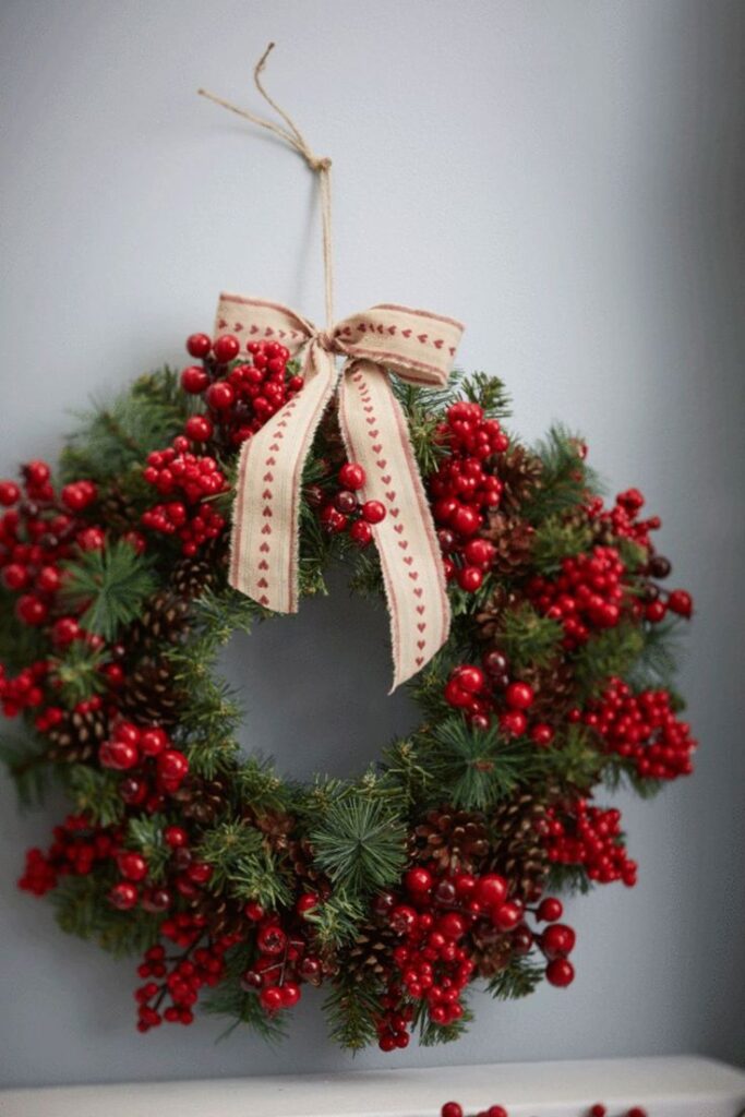 Festive holiday wreath with red berries, pinecones, and a decorative ribbon bow hanging on a wall.