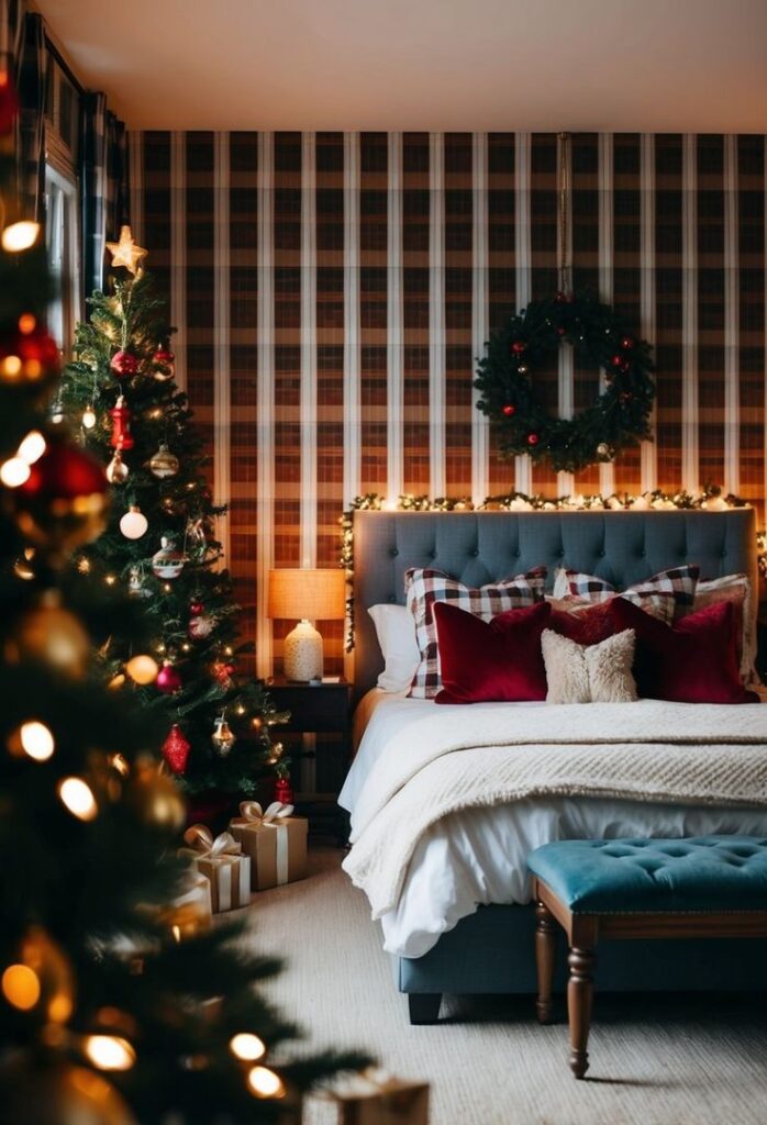 Cozy bedroom with Christmas decor: tree, wreath, lights, gifts, and plaid accents create a festive holiday atmosphere.