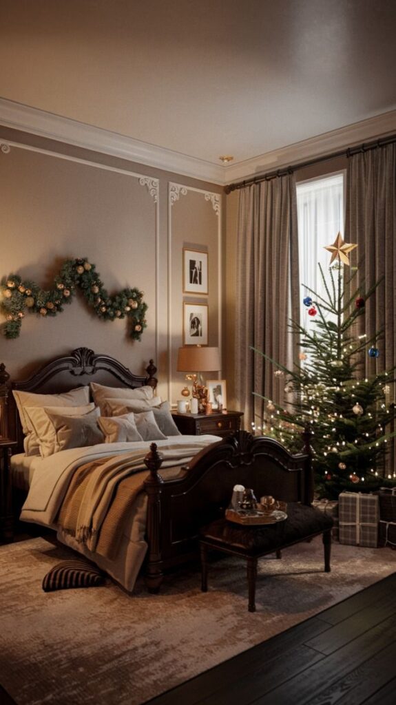 Cozy bedroom with Christmas decor, including a lit tree and garland, creating a warm holiday atmosphere.