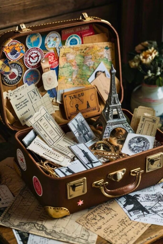 Open vintage suitcase with travel memorabilia, maps, and postcards, highlighting a love for exploration and adventure.