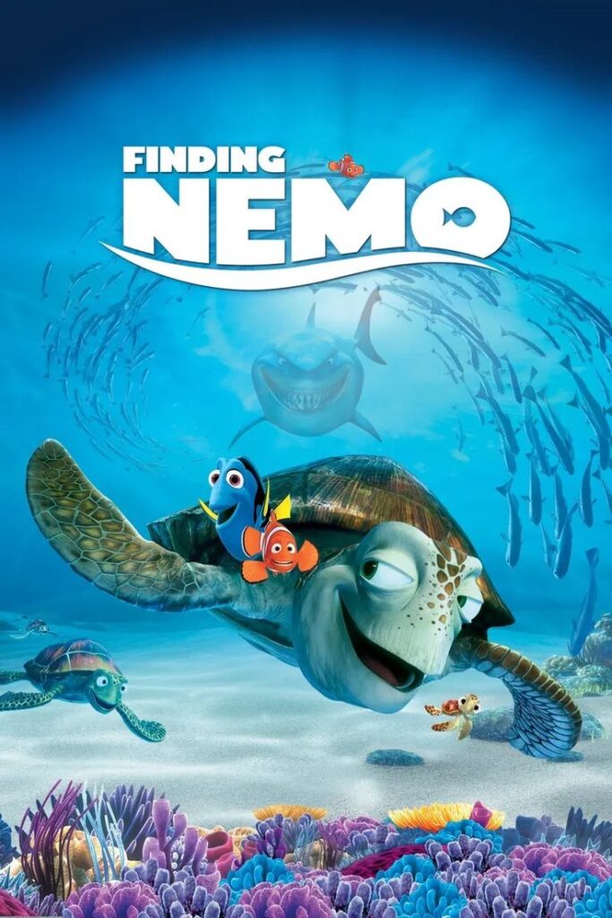 Finding Nemo movie poster with sea turtle, clownfish, and blue tang in vibrant ocean scene.