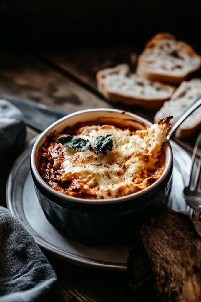 Delicious baked lasagna in a black bowl with melted cheese and fresh basil, served with rustic bread slices.