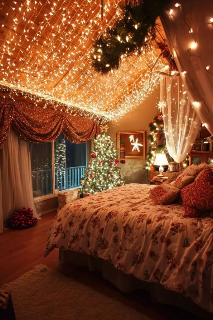 Cozy bedroom with festive Christmas lights, decorated tree, and warm bedding, creating a magical holiday ambiance.