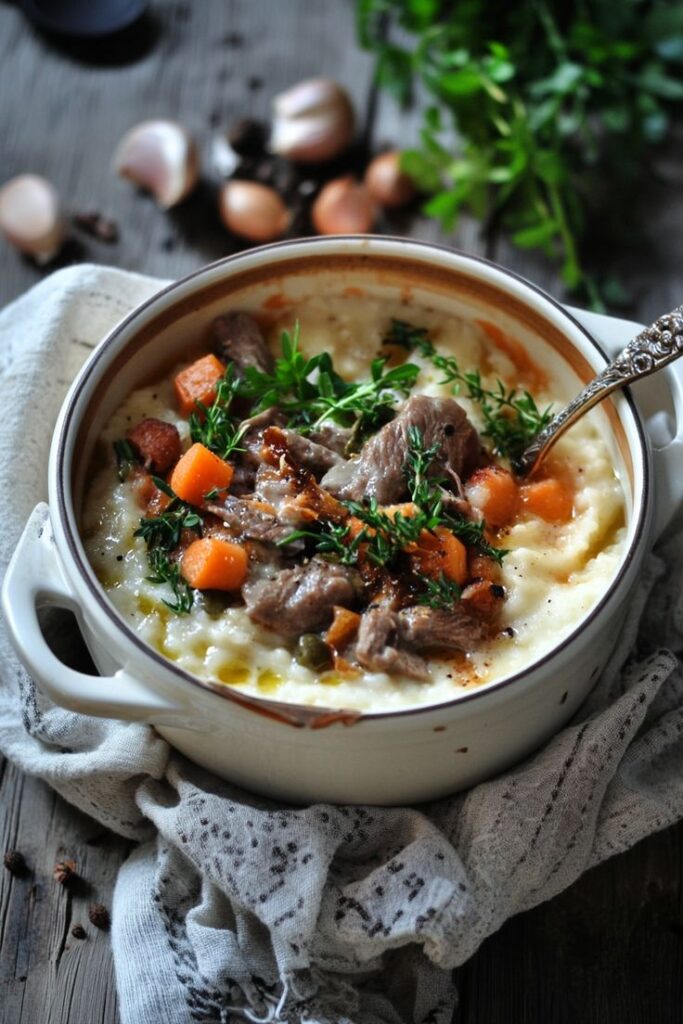 Hearty beef stew with vegetables and herbs in a rustic bowl on a wooden table. Cozy, comforting homemade meal.