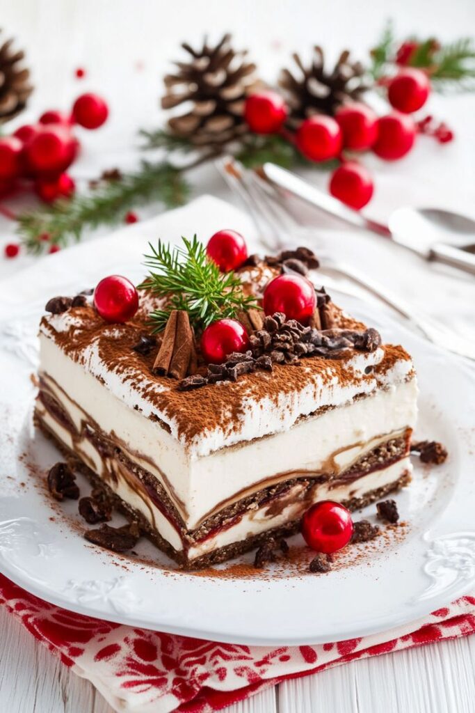 Festive layered cake with cranberries, chocolate, and cream on a white plate, decorated for the holiday season.