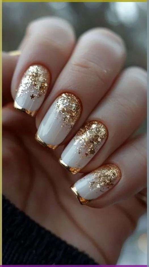 Elegant nails with white base and gold glitter tips, perfect for a glamorous and festive look.