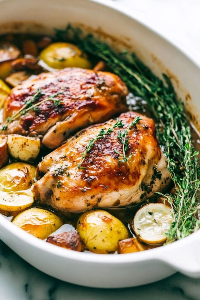 Roasted chicken with potatoes and herbs in a white dish, garnished with fresh thyme. Perfect for a hearty dinner.