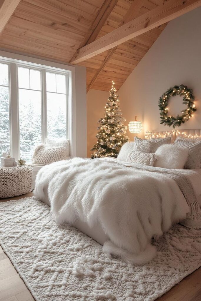 Cozy winter bedroom with white fur bedding, Christmas tree, and soft lighting, perfect for festive relaxation.