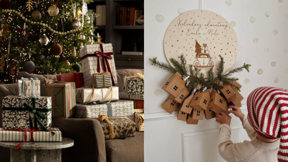 Christmas scene with gifts under tree and a festive wreath on door, creating a cozy holiday atmosphere.