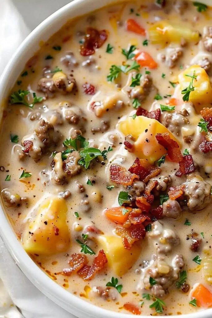 Cheesy bacon potato soup in a white bowl, garnished with fresh herbs and ground beef. Warm and hearty comfort food.