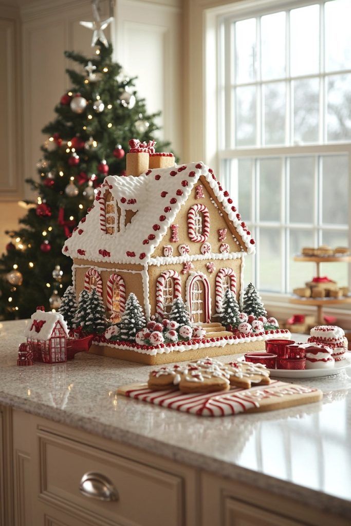 Festive gingerbread house with icing and candy decorations on a kitchen counter, Christmas tree in the background.