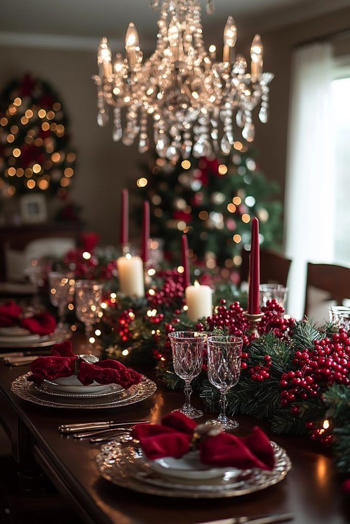 Elegant Christmas table setting with red candles, greenery, and twinkling chandelier, perfect for festive dining.