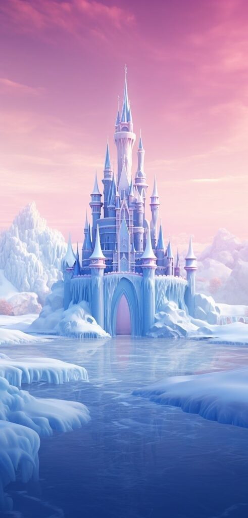 Enchanting ice castle with snowy surroundings, under a pink and purple sky.