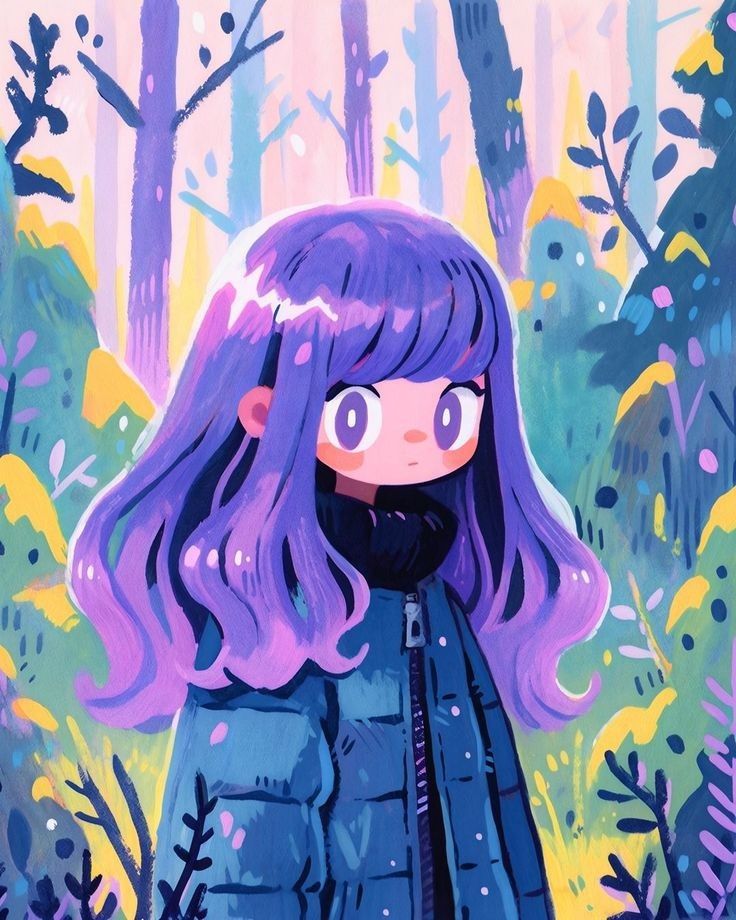 Cartoon girl with purple hair in a vibrant forest, wearing a blue coat. Colorful and whimsical illustration.