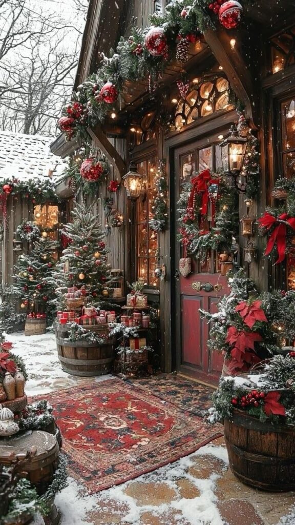 Snowy Christmas porch with festive decorations, wreaths, and a decorated tree. Cozy holiday ambiance with red accents.