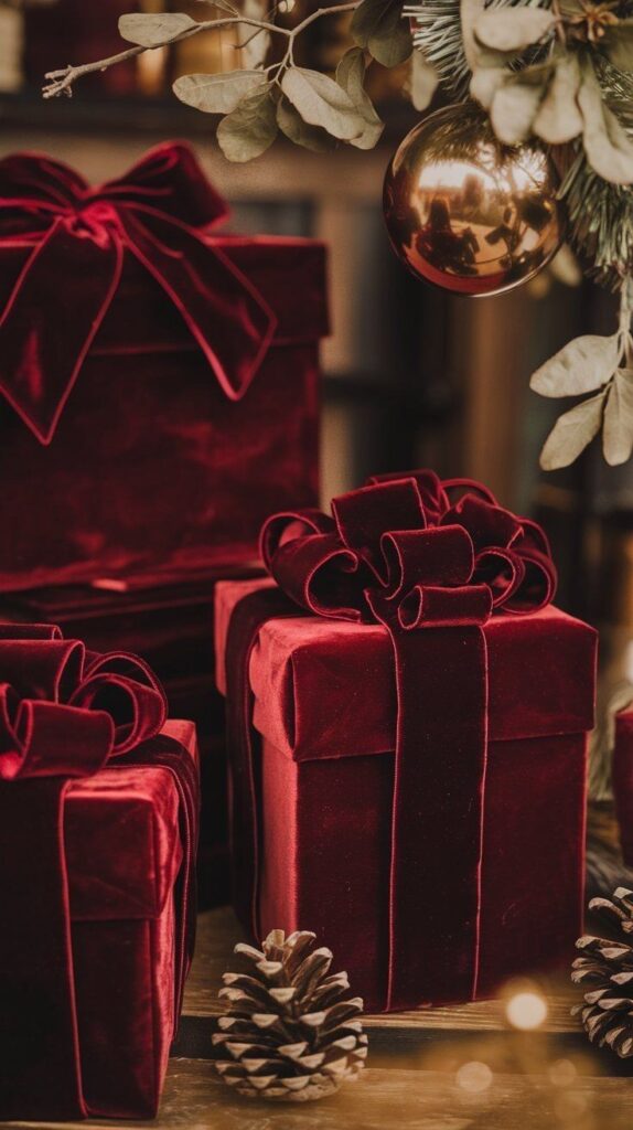 Rustic holiday gift boxes in red velvet with pinecones and a gold bauble, perfect for festive decoration.