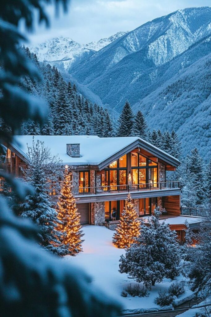 Cozy mountain cabin with holiday lights and snow-covered trees in a picturesque winter landscape.