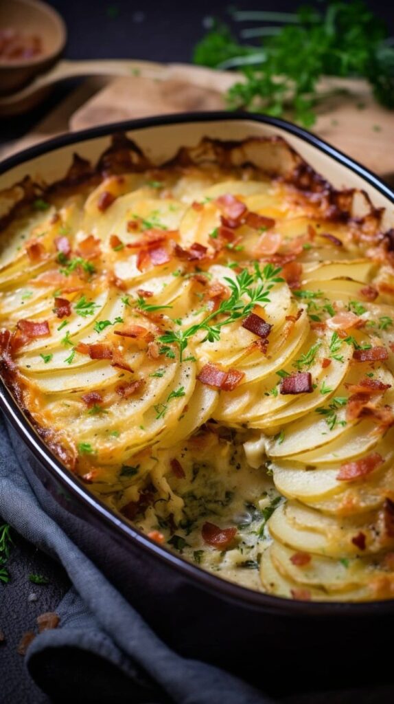 Delicious potato gratin with crispy bacon and fresh parsley, baked to perfection in a ceramic dish.