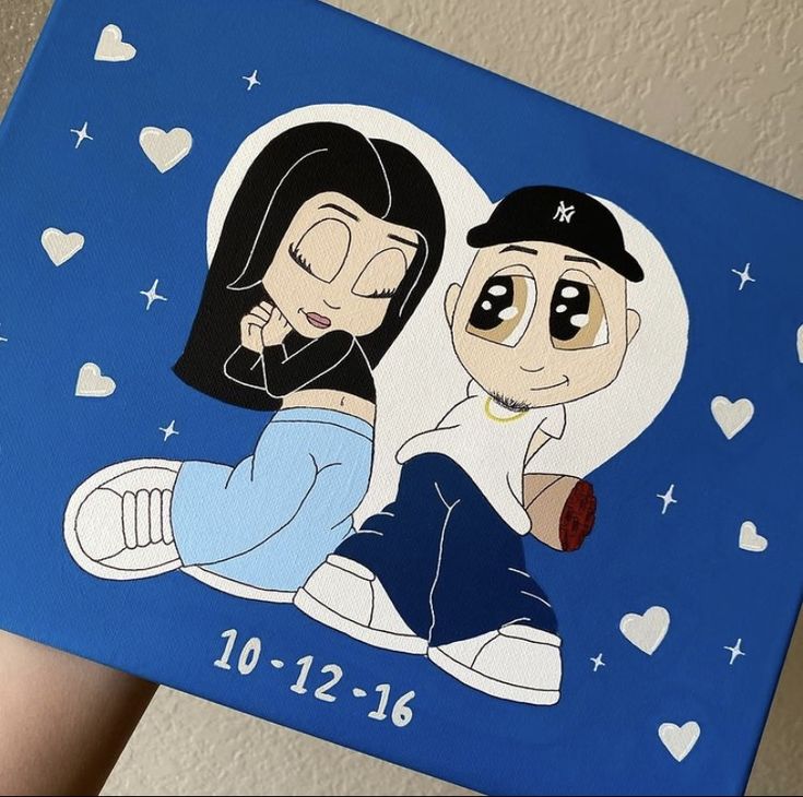 Cartoon couple sitting with hearts and stars background, date 10-12-16, blue and white theme.