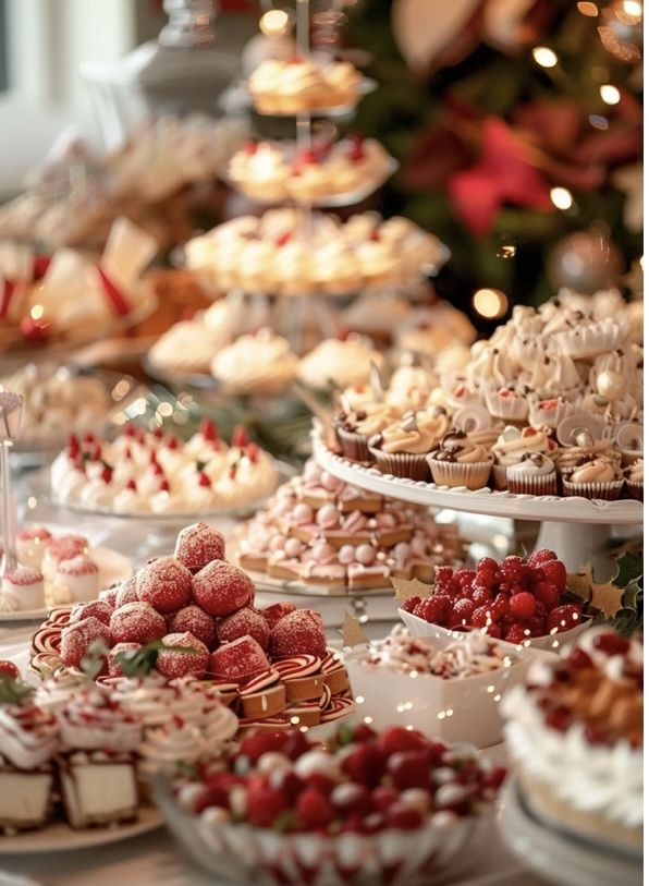 Festive dessert table with cupcakes, pastries, and berries, beautifully decorated for a holiday celebration.